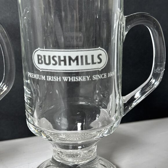 2 Old Bushmills Irish Whiskey Irish Coffee glass Mug Cups With Pedestal Etched - Picture 4 of 7